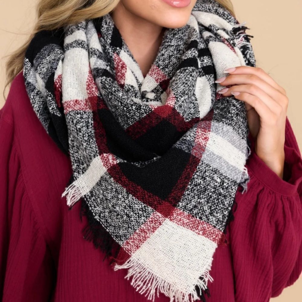 Black White Red Tartan Plaid Blanket Scarf